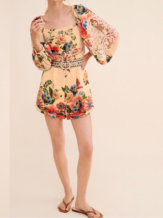 FARM Rio Pants - FARM Rio Cream Floral Embroidered Puff-Sleeve Romper